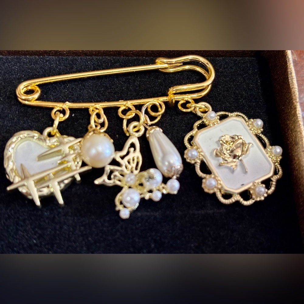 Upcycled Gold Tone Pin with Heart, Butterfly, Flower Charms